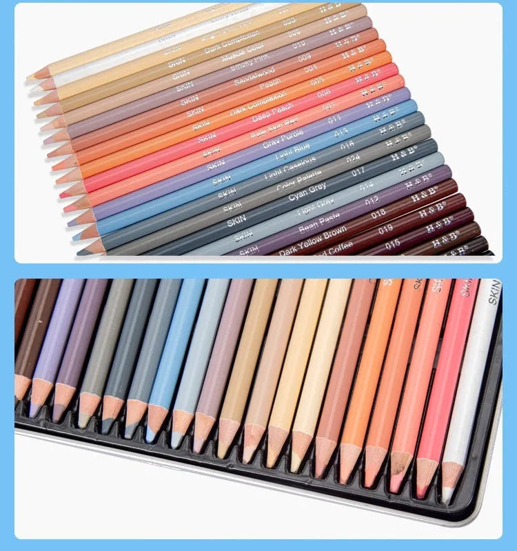 24 skin colour portrait pencils in metal tin with round brush pot for hand-painted artwork