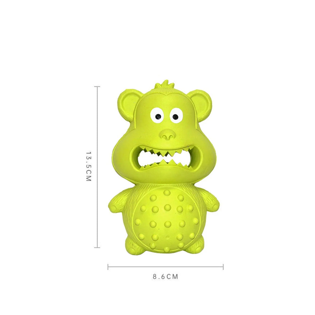 Green and yellow natural rubber dog toy for aggressive chewers with squeaker and fillable centre