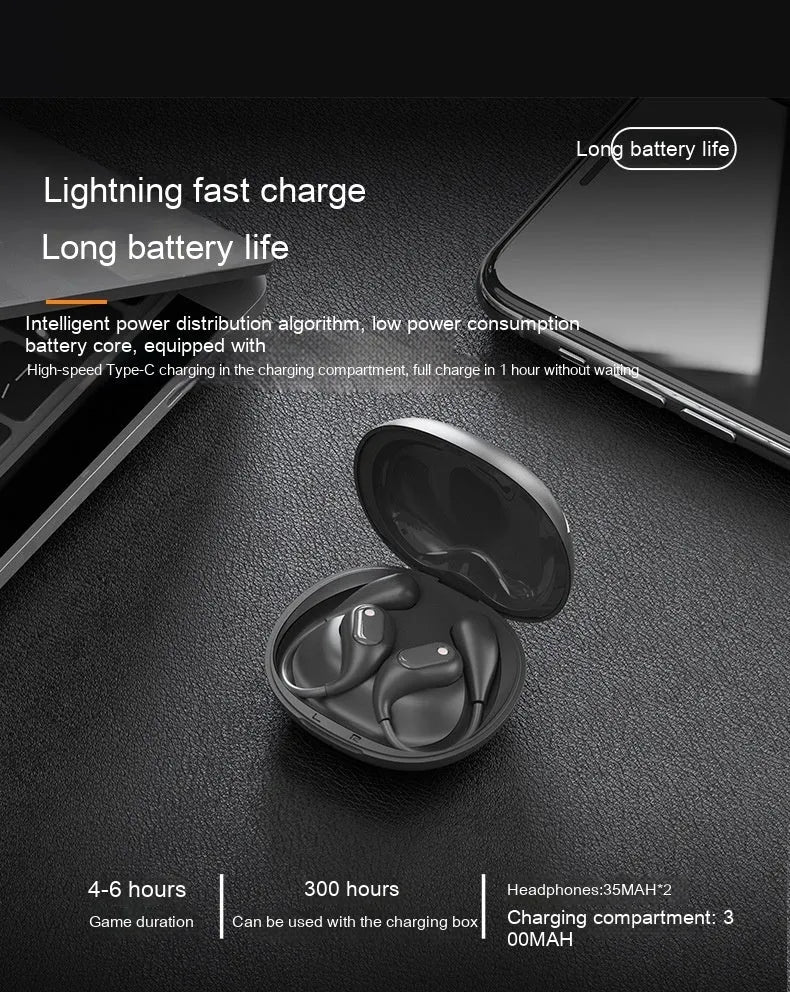 Open Bluetooth bone conduction headset in black with earhook design, Jerry chip, and waterproof build