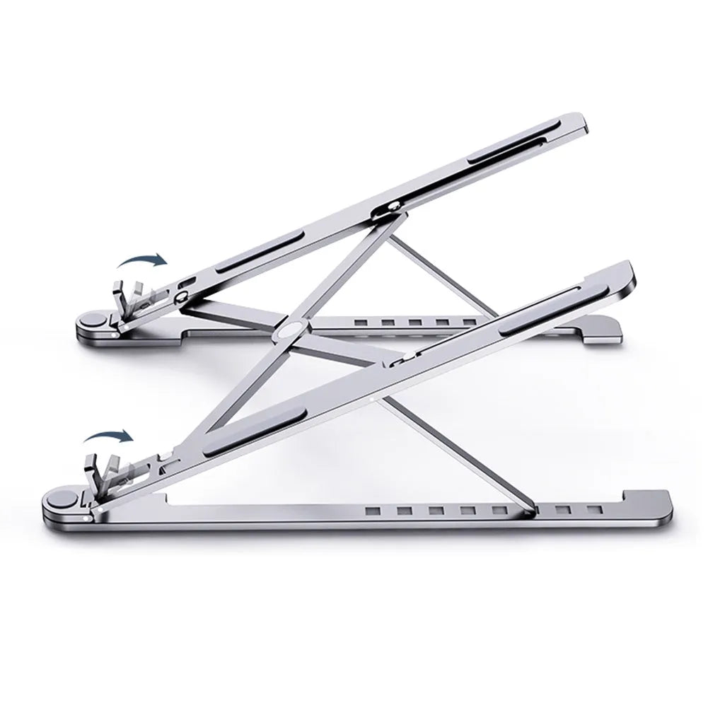 Portable foldable aluminum laptop stand shown in silver colour at an adjustable angle