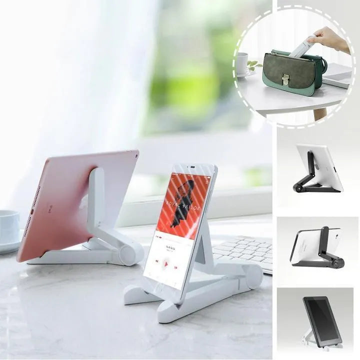 Black foldable tablet holder showing adjustable stand supporting smartphone in landscape orientation