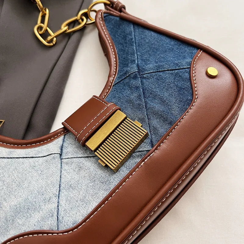 Brown denim women's shoulder bag with diamond mesh detail and chain strap