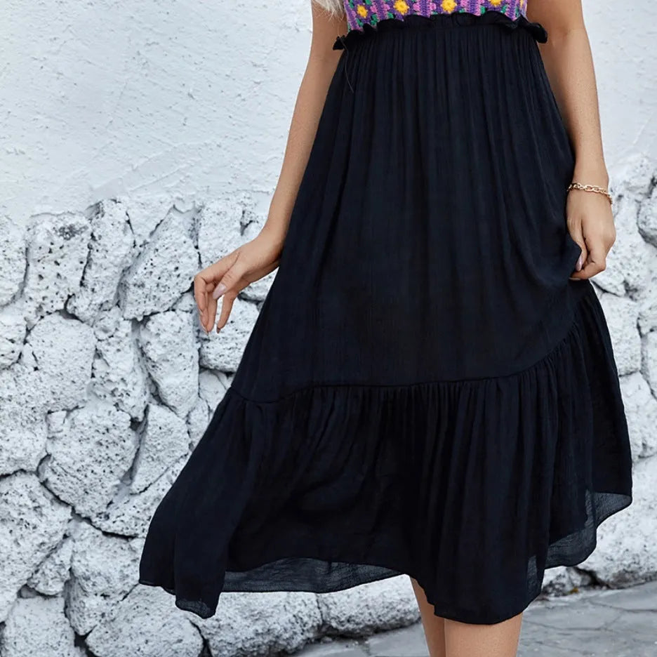 Purple sleeveless dress with hand hook floral stitching on cotton blend fabric