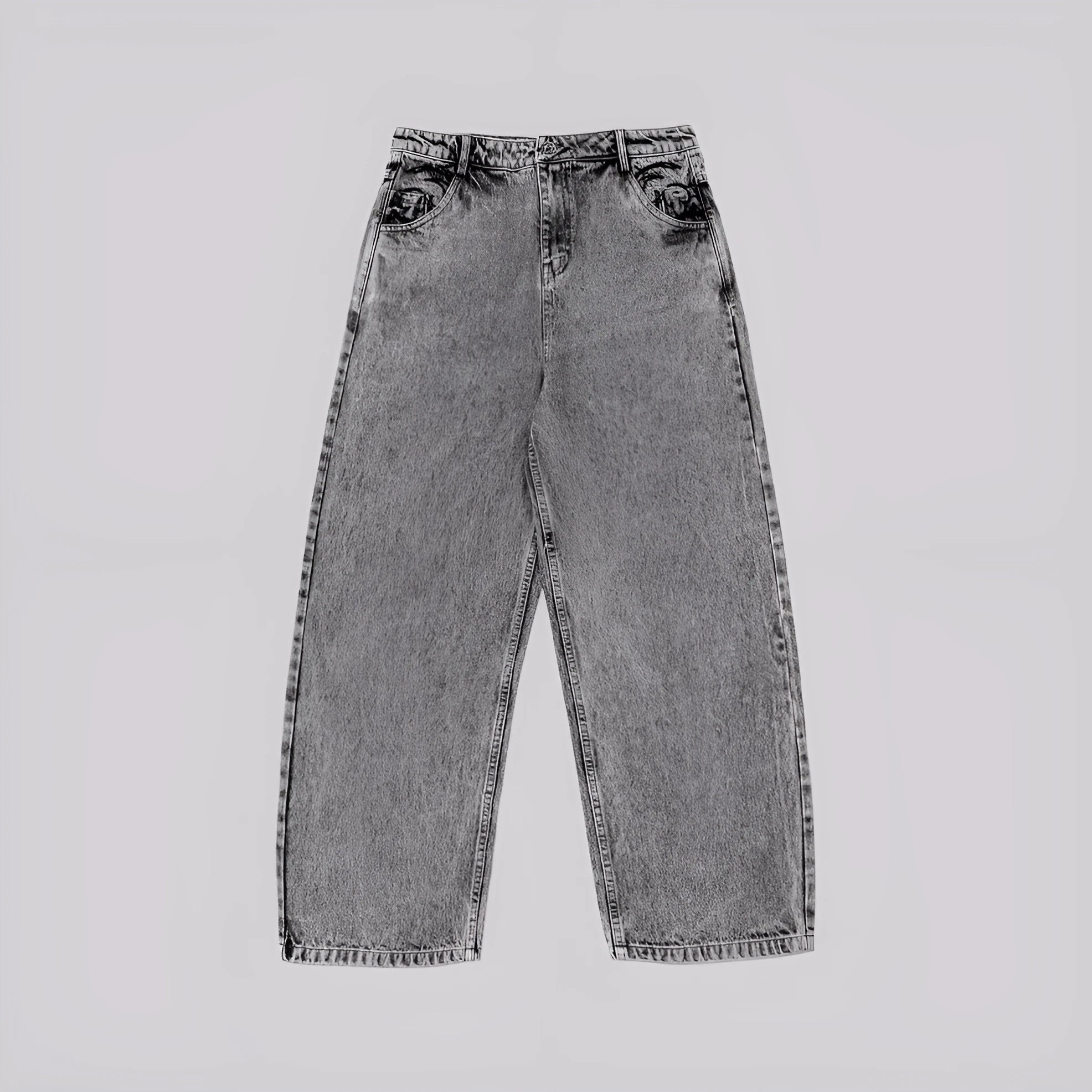 Grey loose fit straight leg denim trousers for men and women on a plain background