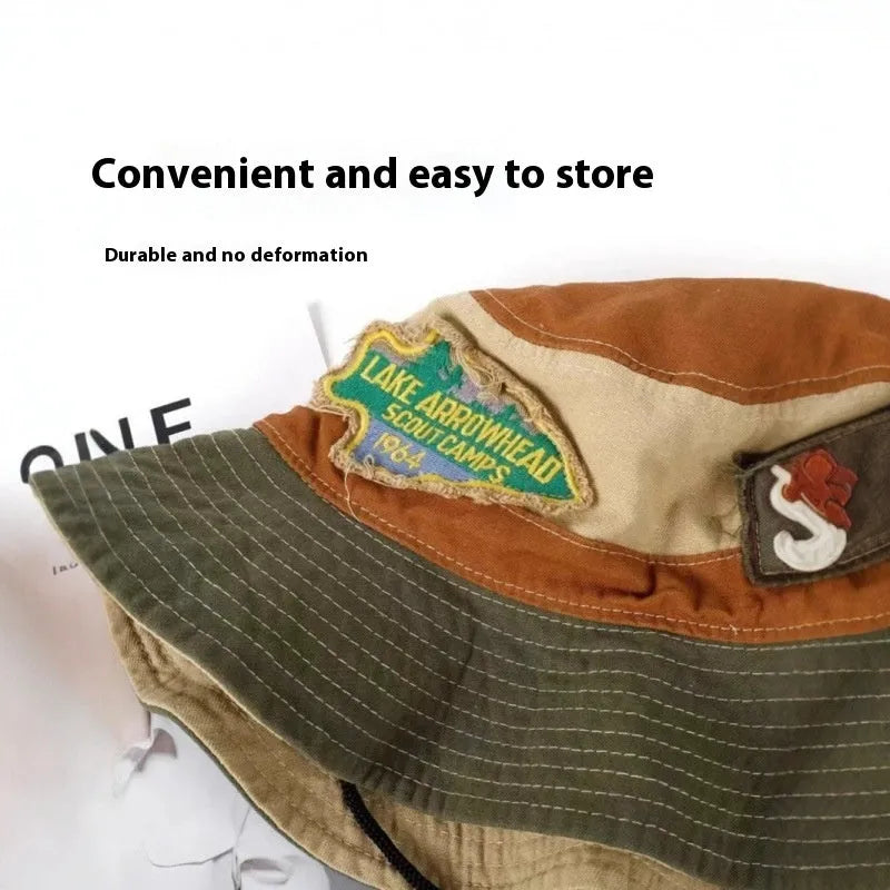 Army Green cotton fisherman hat with patchwork design and flat top crown.