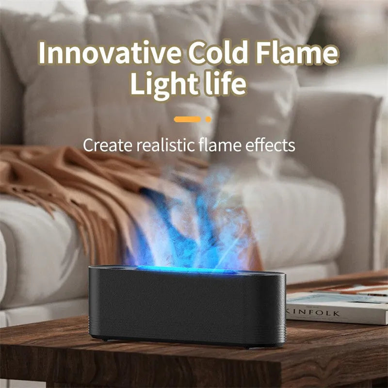 Black Flame Air ultrasonic humidifier diffuser with coloured LED lights on a wooden table
