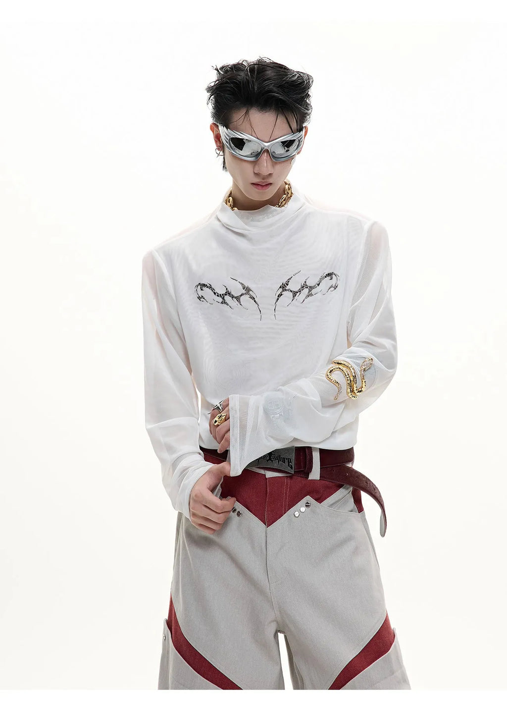 Black slim-fit long sleeve mesh shirt with a cooling ice-feel texture, shown on a model.