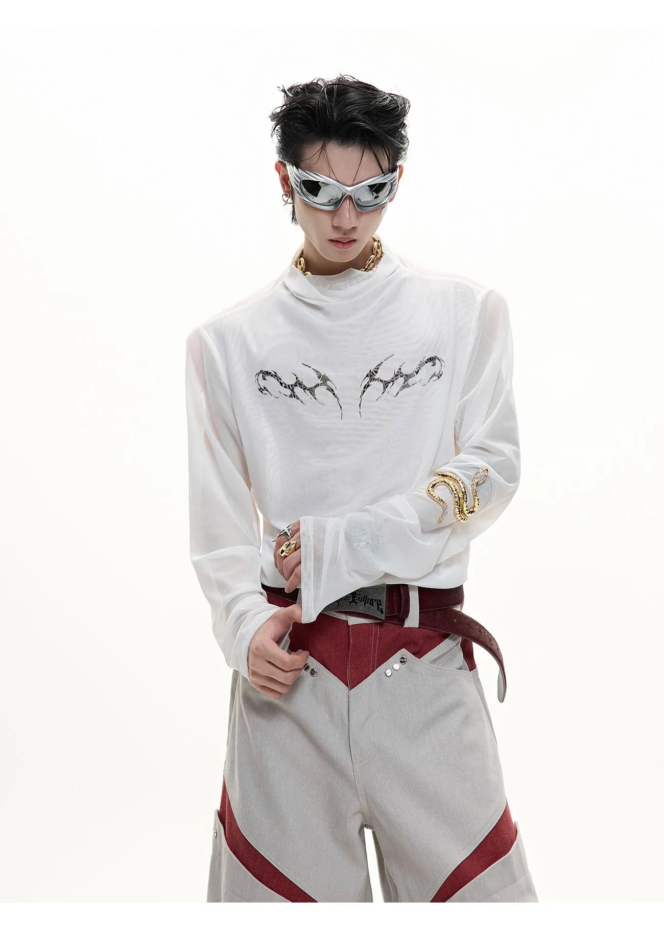 Black slim-fit long sleeve mesh shirt with a cooling ice-feel texture, shown on a model.