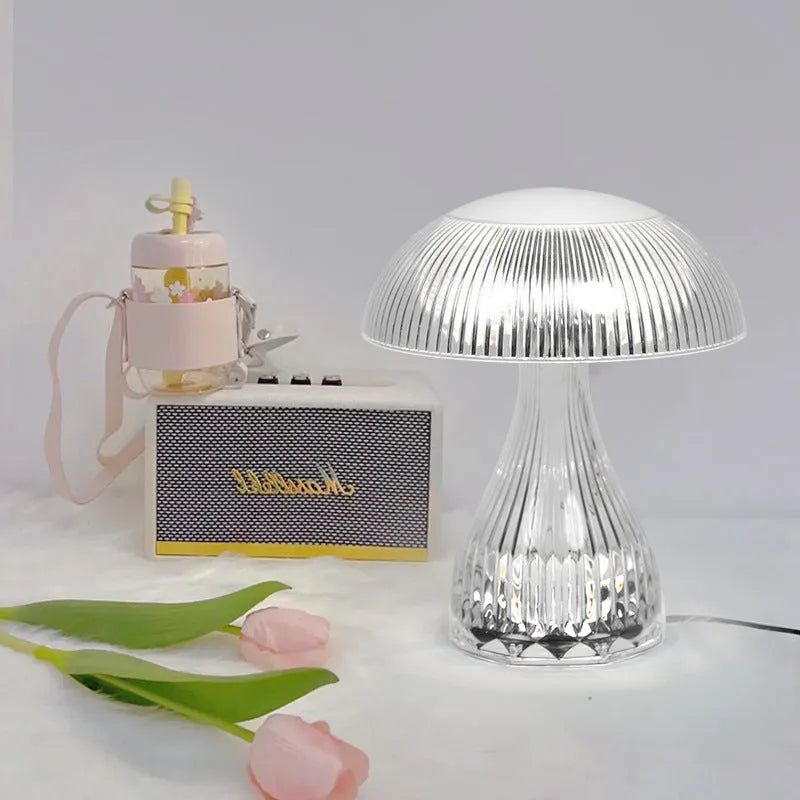 Rechargeable touch lamp with acrylic body showing three colour changing modes