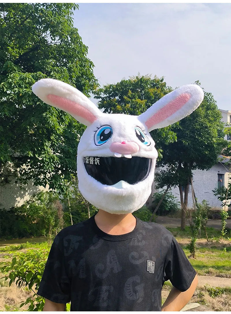 White rabbit head decorative helmet cover for electric motorcycles with long ears and plush material