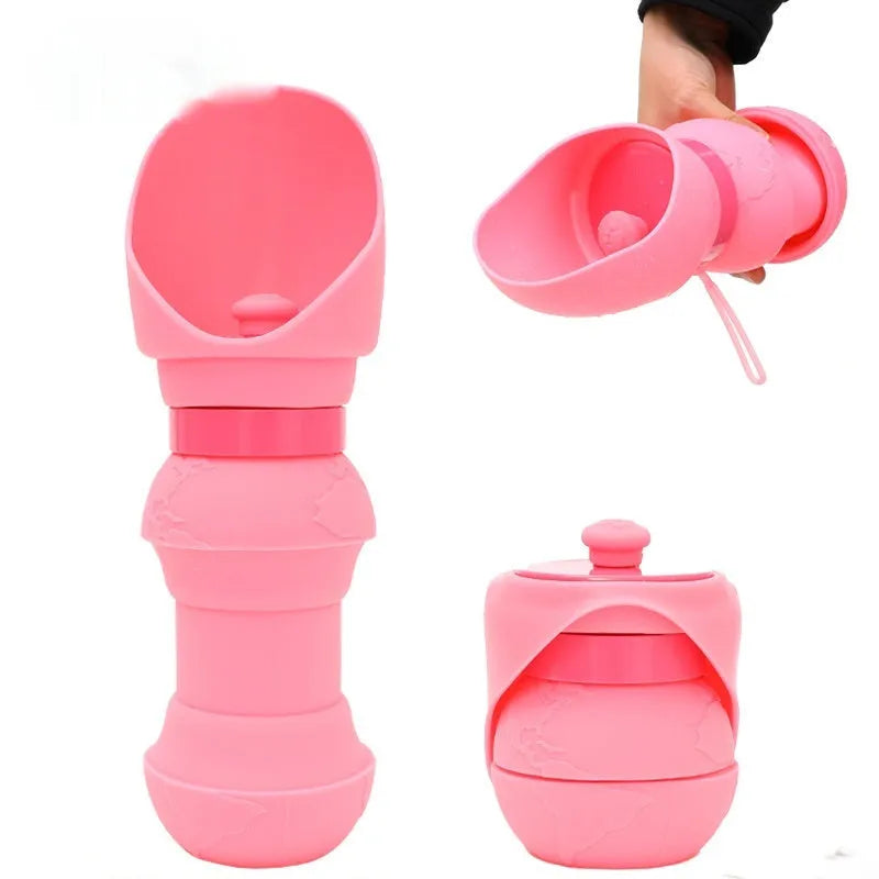 Silicone pet folding water cup shown open and collapsed, in various colours including pink, black, and green pineapple.