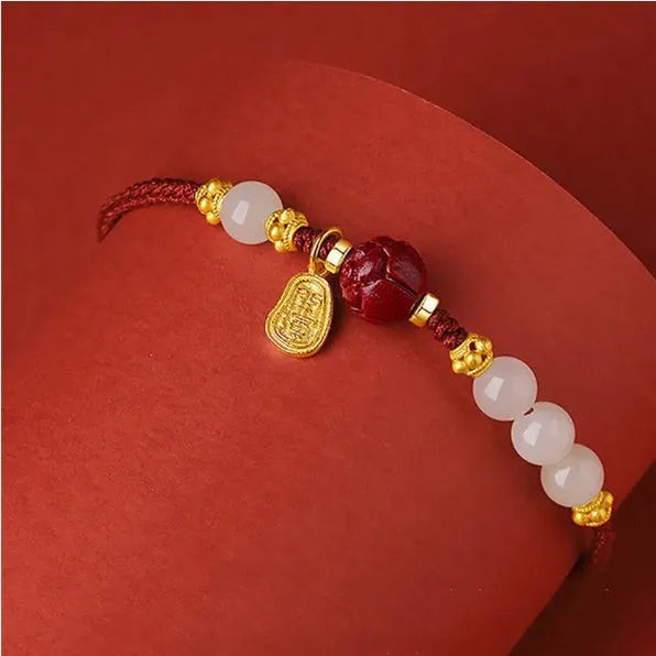 Handcrafted Hetian jade cinnabar red rope women's bracelet with 925 silver adjustable chain