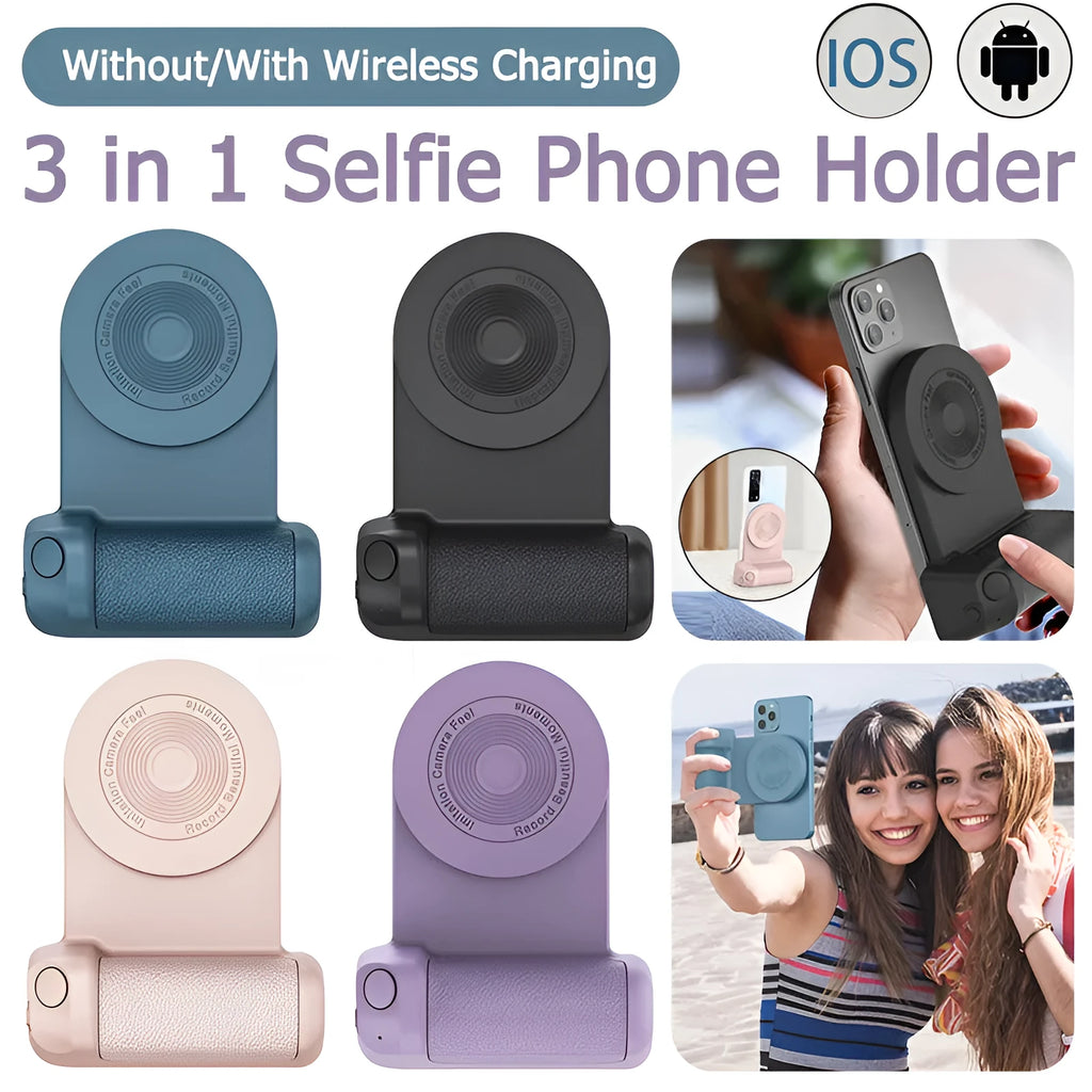 Black 3-in-1 magnetic phone camera holder with ergonomic handle on a wooden table.
