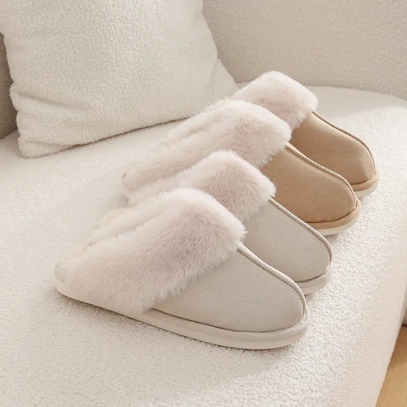 Women's plush-lined indoor winter slippers with PVC soles in five colour options
