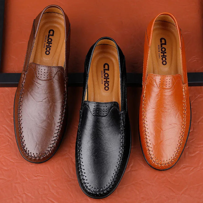 Men's cowhide leather business casual shoes round toe solid colour rubber sole available in black brown and cotton-lined versions
