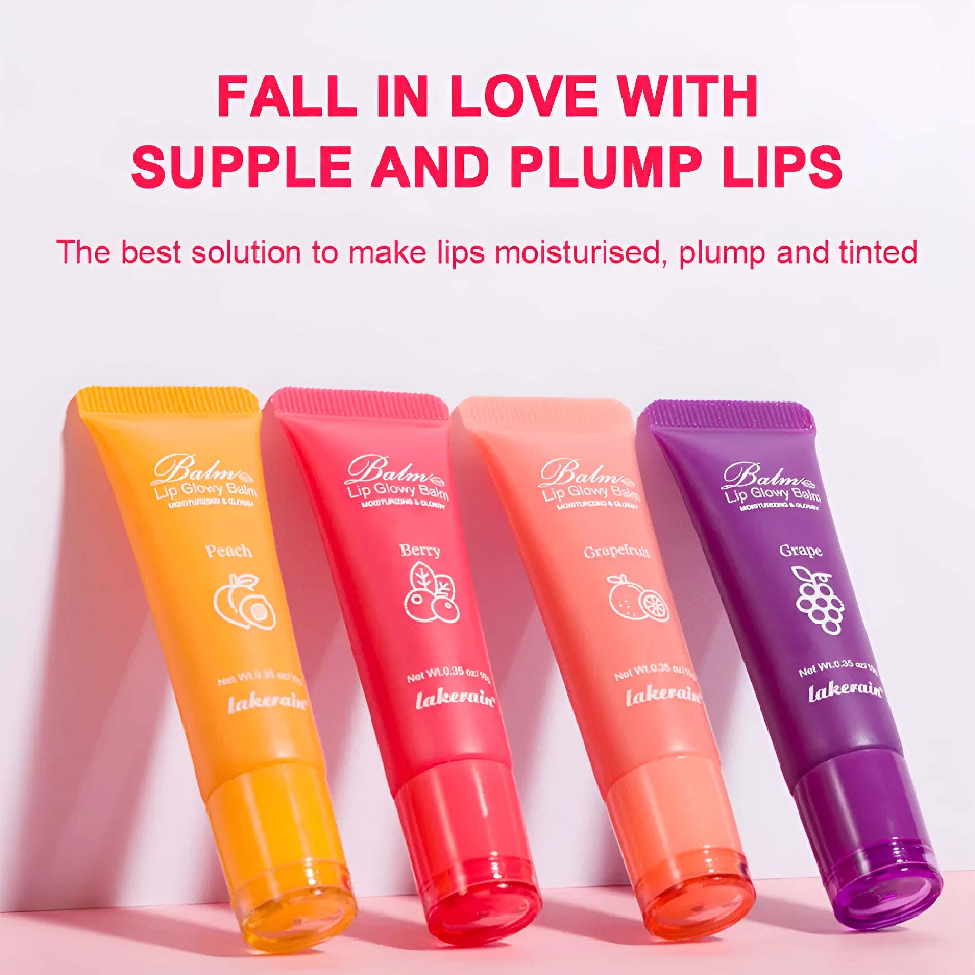 Women's natural finish lip gloss in yellow peach, berry, grapefruit, and grape flavours