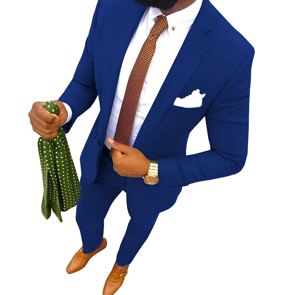 Men's two-piece cotton suit in a multicolour selection showing jacket and trousers for formal events