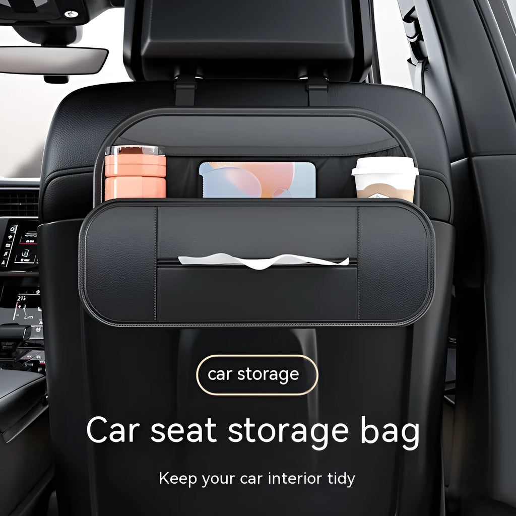 Black leather car seat rear storage bag showing its box shape and size against a vehicle seat.