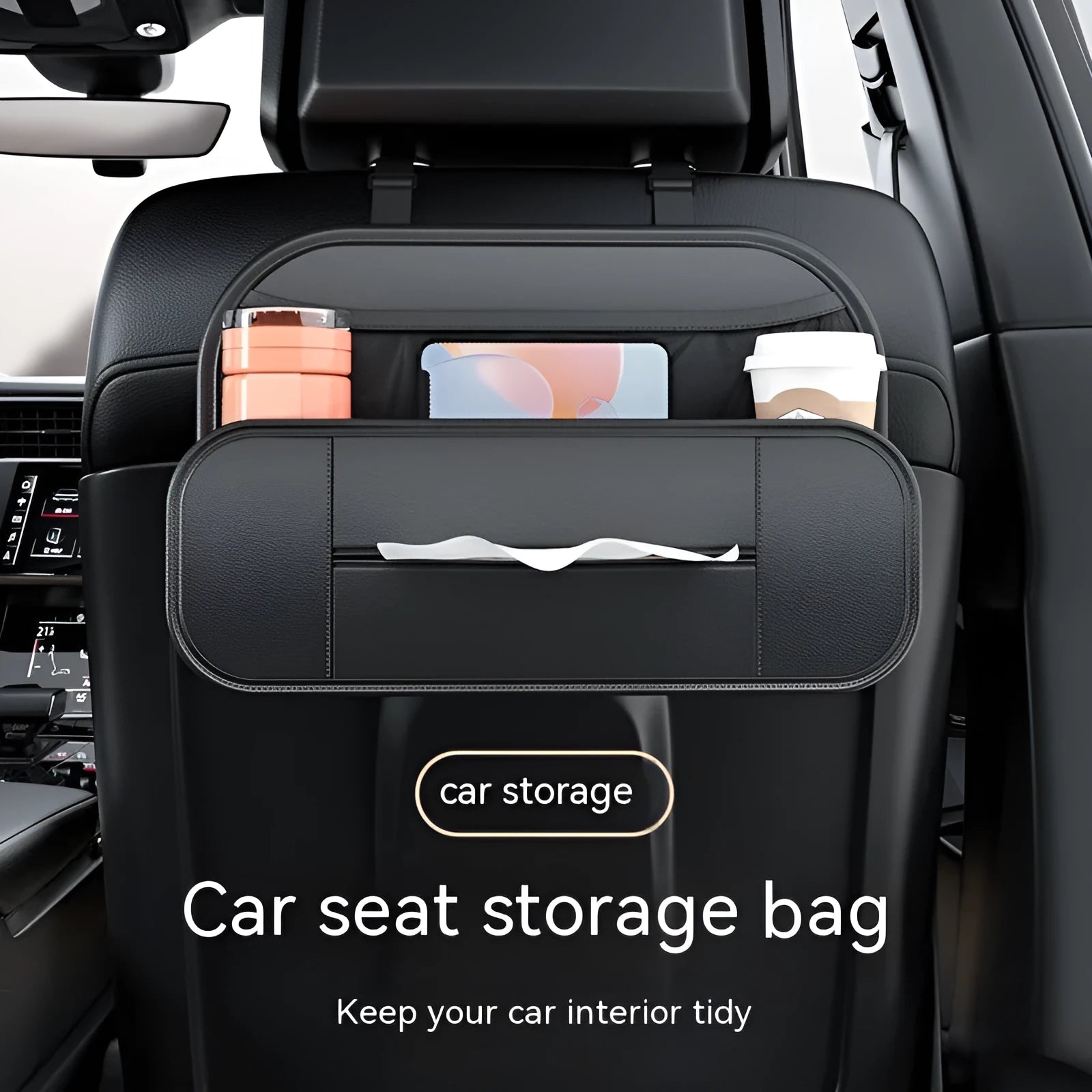 Black leather car seat rear storage bag showing its box shape and size against a vehicle seat.
