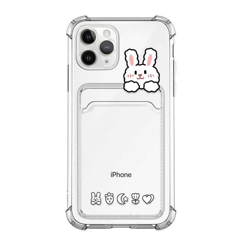 Cartoon design transparent TPU iPhone case with integrated card holder slot.