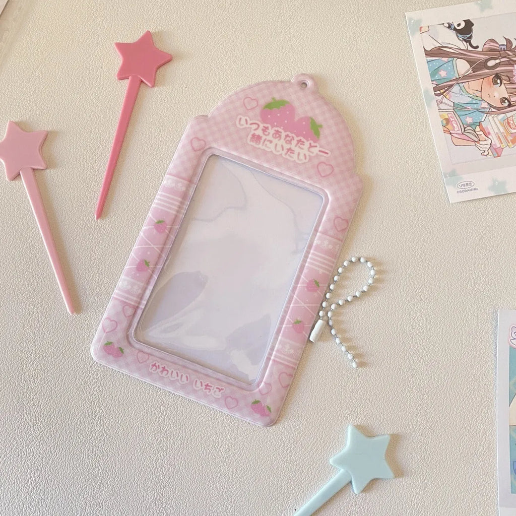 PVC cartoon meal card holder in strawberry or four-leaf clover design, 7.6 by 13.6 cm.