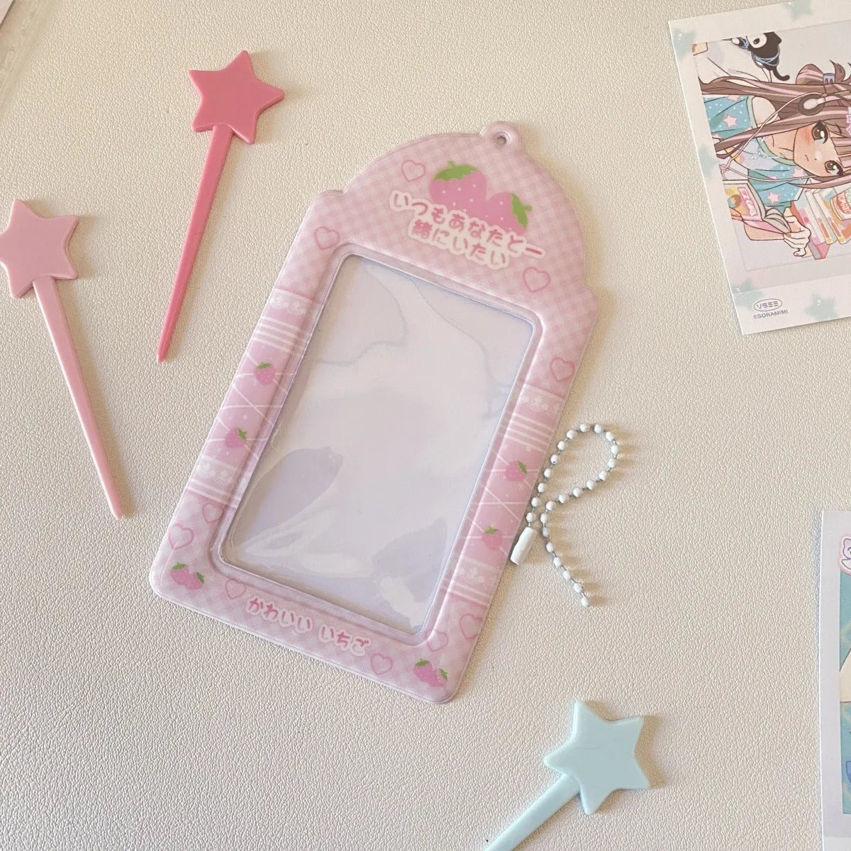 PVC cartoon meal card holder in strawberry or four-leaf clover design, 7.6 by 13.6 cm.