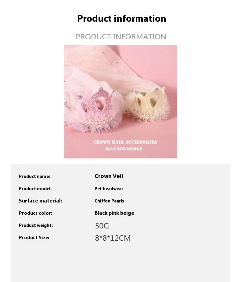 Pet princess crown headdress with beige and pink veil options for cat wedding celebrations