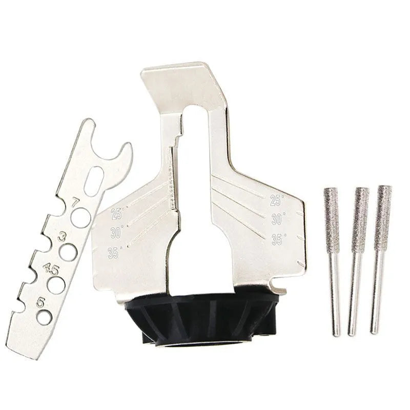 Silver mini electric chain grinding machine with metal band saw blade for sharpening