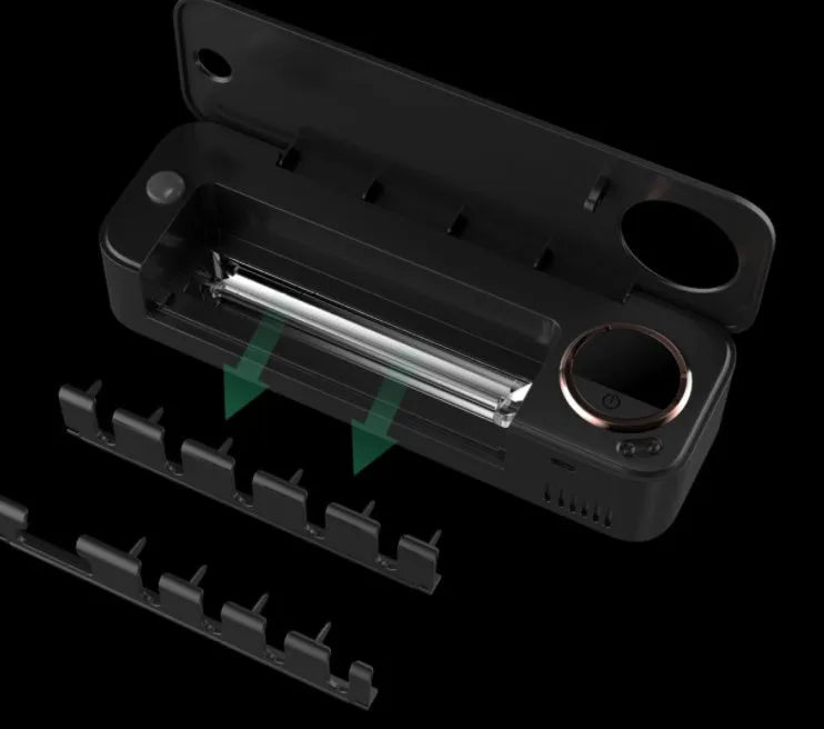 UV toothbrush holder sterilizer with LED display, black, wall-mounted with toothbrush inside