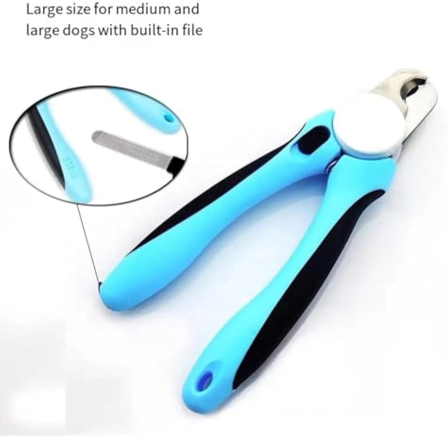 Blue heavy-duty dog nail clippers with a visible safety guard on a white background.