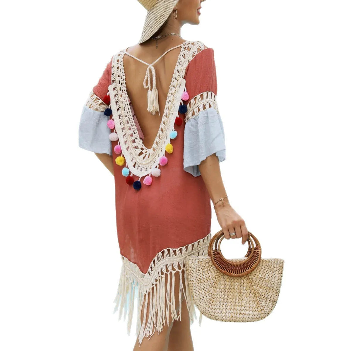 Orange floral beach overskirt with hand crochet stitching and bamboo cotton tassel details