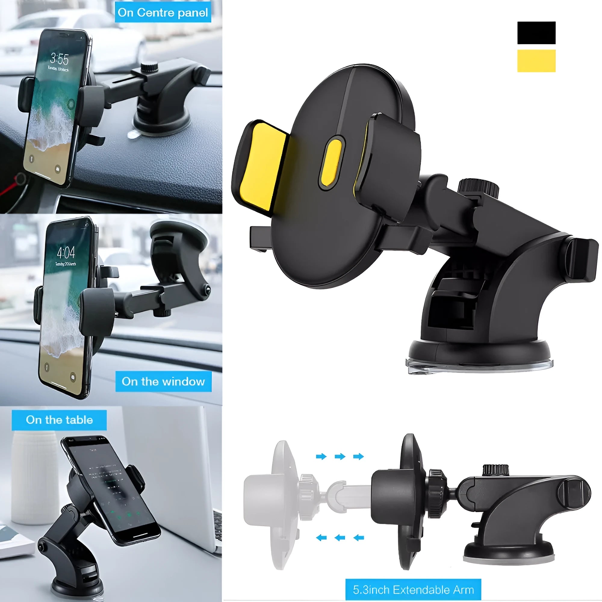 Black telescopic arm car phone holder with suction cup mount on a dashboard.