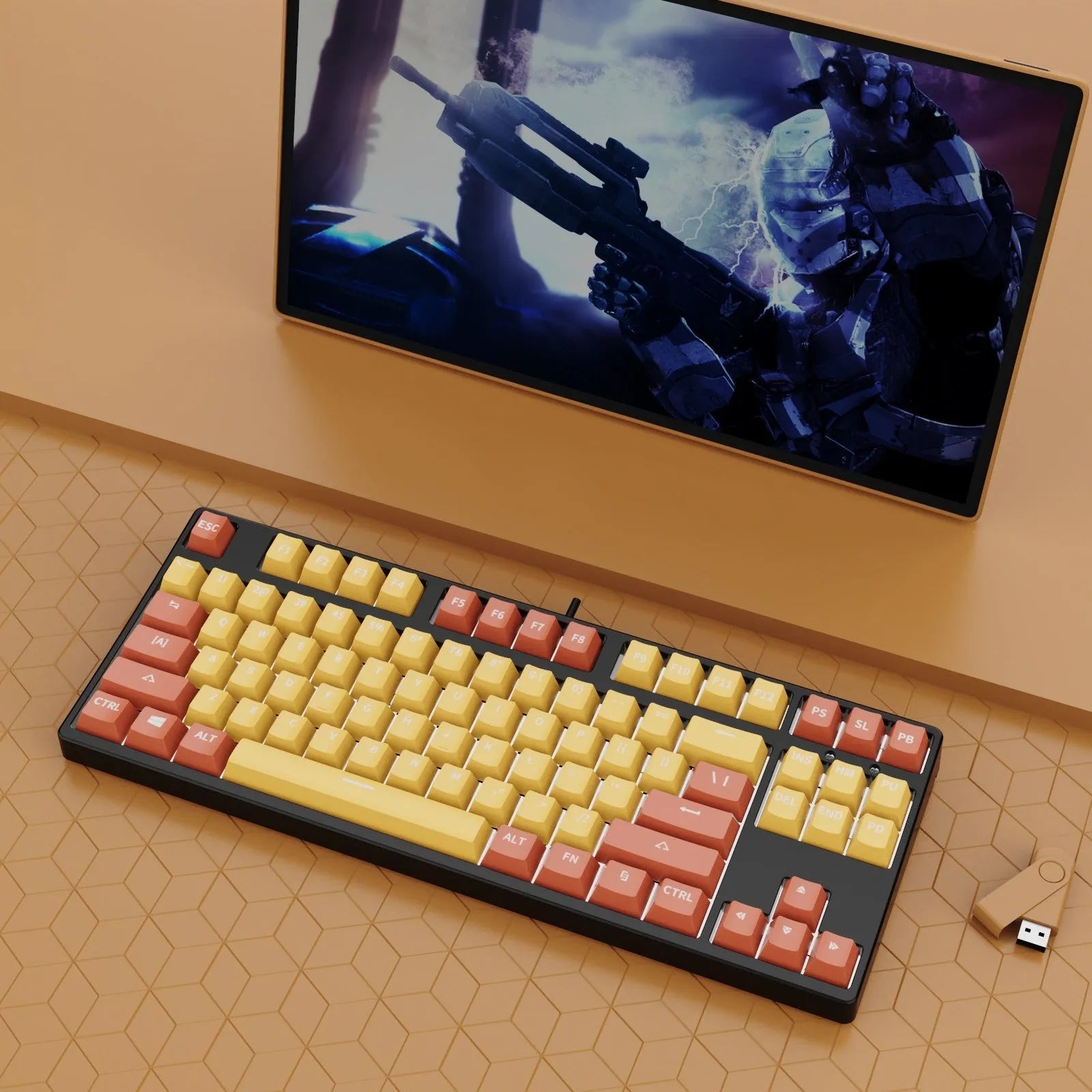 87-key wired mechanical gaming keyboard with colourful keycaps on a metal frame, shown with key puller and cable.