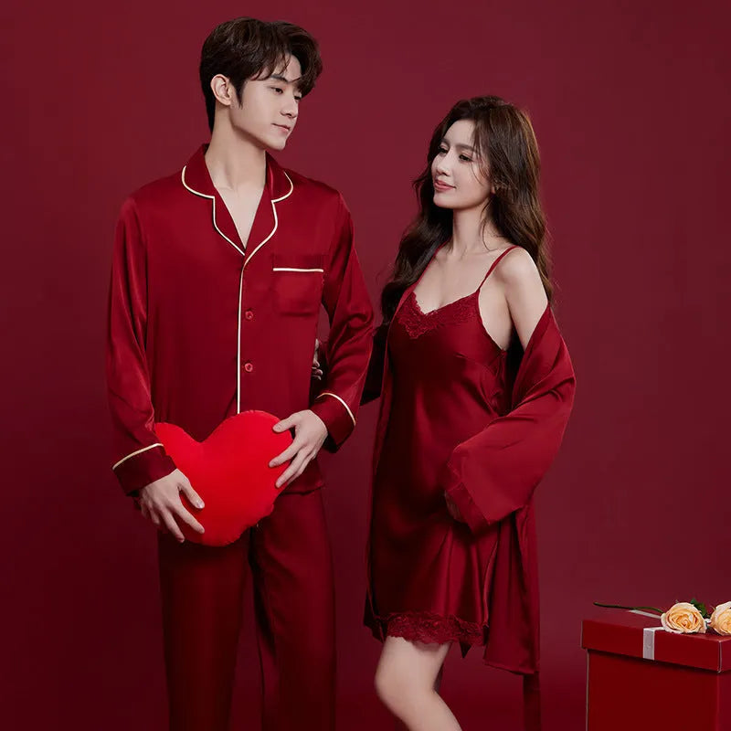 Red silk pyjama set for couples with long sleeves and trousers, shown in men's and women's matching styles