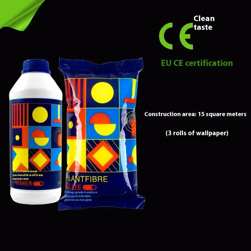 Three rolls of Glue E low-odour, formaldehyde-free wallpaper adhesive with glutinous rice formula.