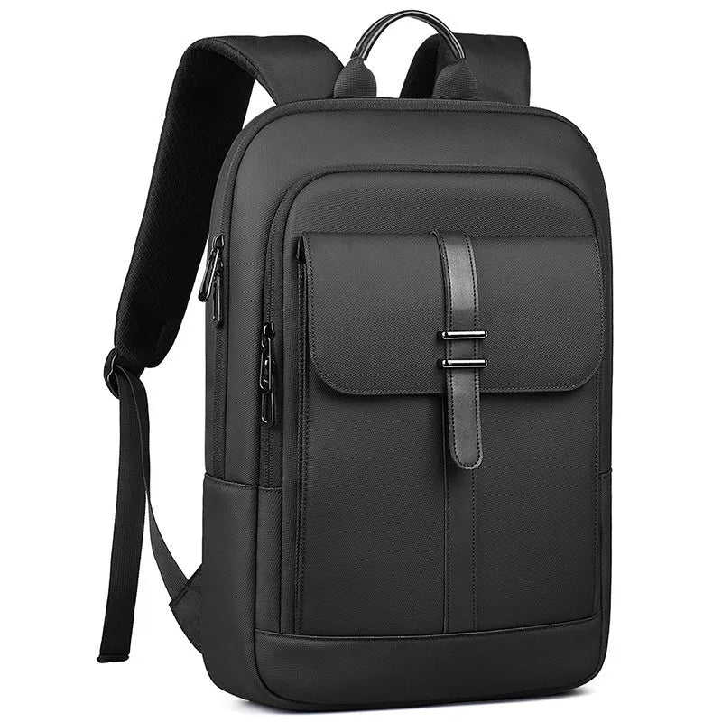 Black Oxford cloth men's backpack with sewing line detailing for daily commute