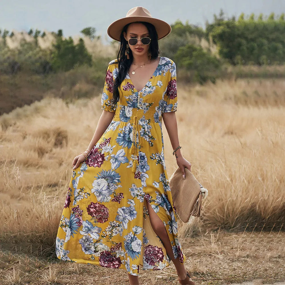 Women's floral print V-neck beach dress with elastic waist and short sleeves