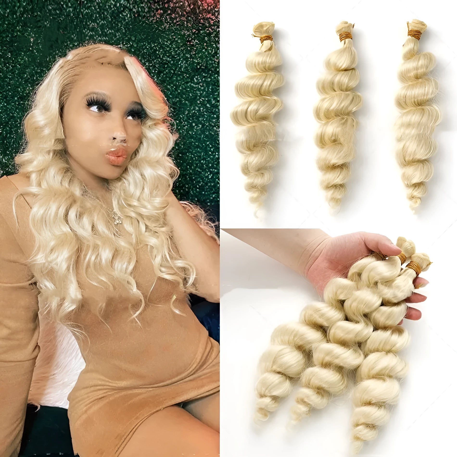 Golden blonde synthetic hair weft wig shown in 18, 20, and 22 inch lengths.