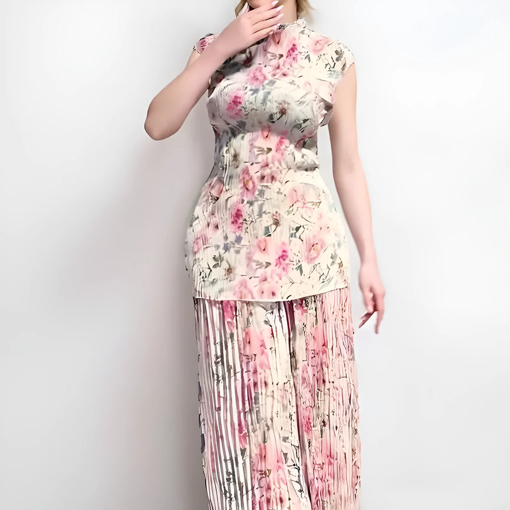 Women's long sleeve printed chiffon dress set with high waist skirt and matching top.