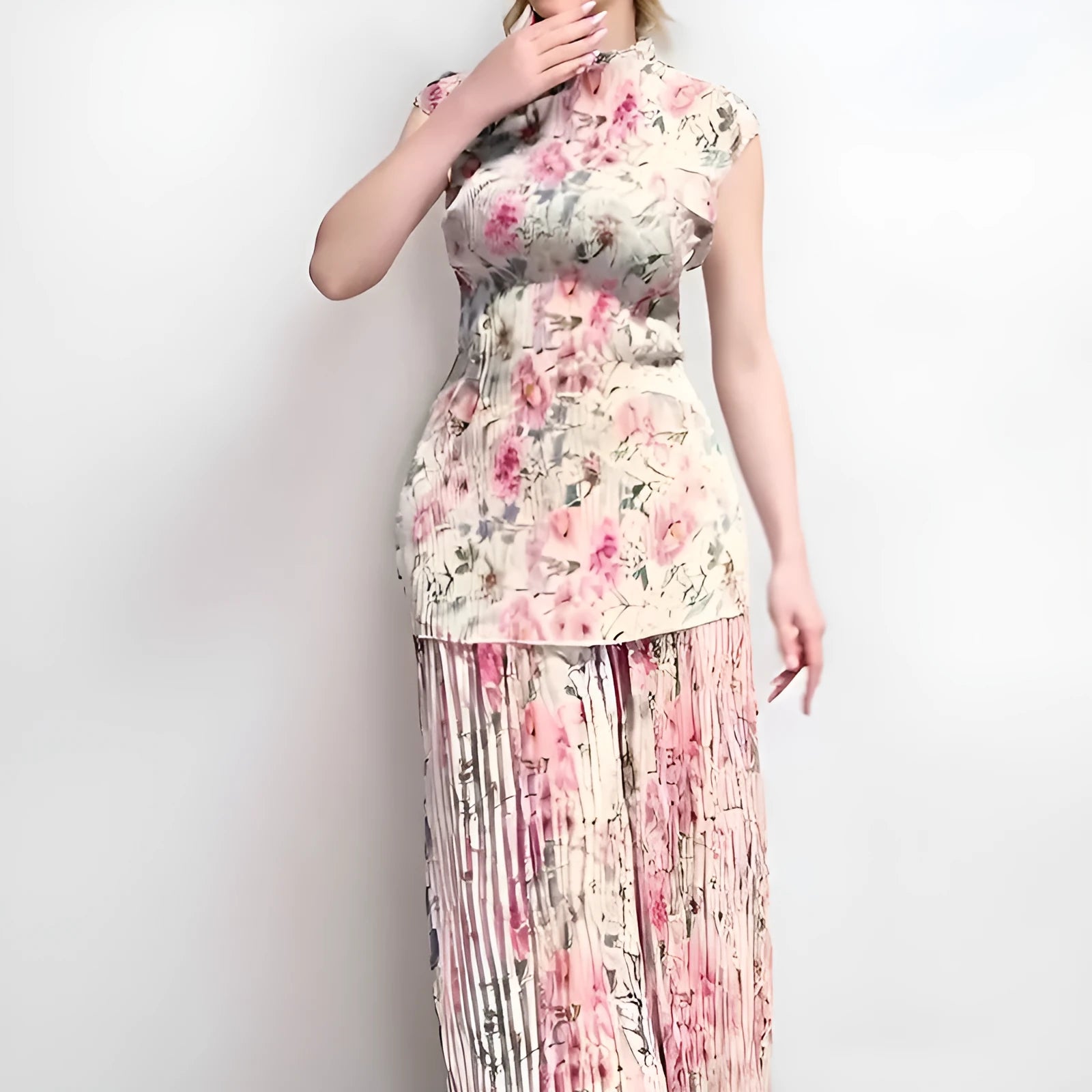 Women's long sleeve printed chiffon dress set with high waist skirt and matching top.