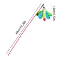 Cat wand toy with bell and dragonfly attachment in green, ABS stick 49cm long, on a light background