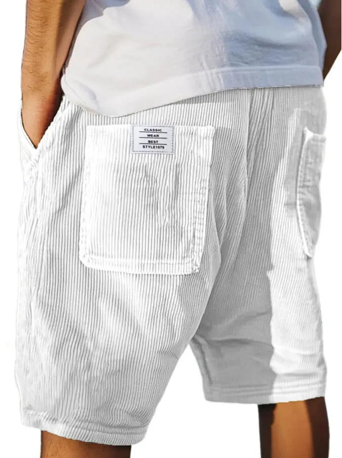 Men's grey corduroy shorts with multiple pockets and embroidery detail on leg