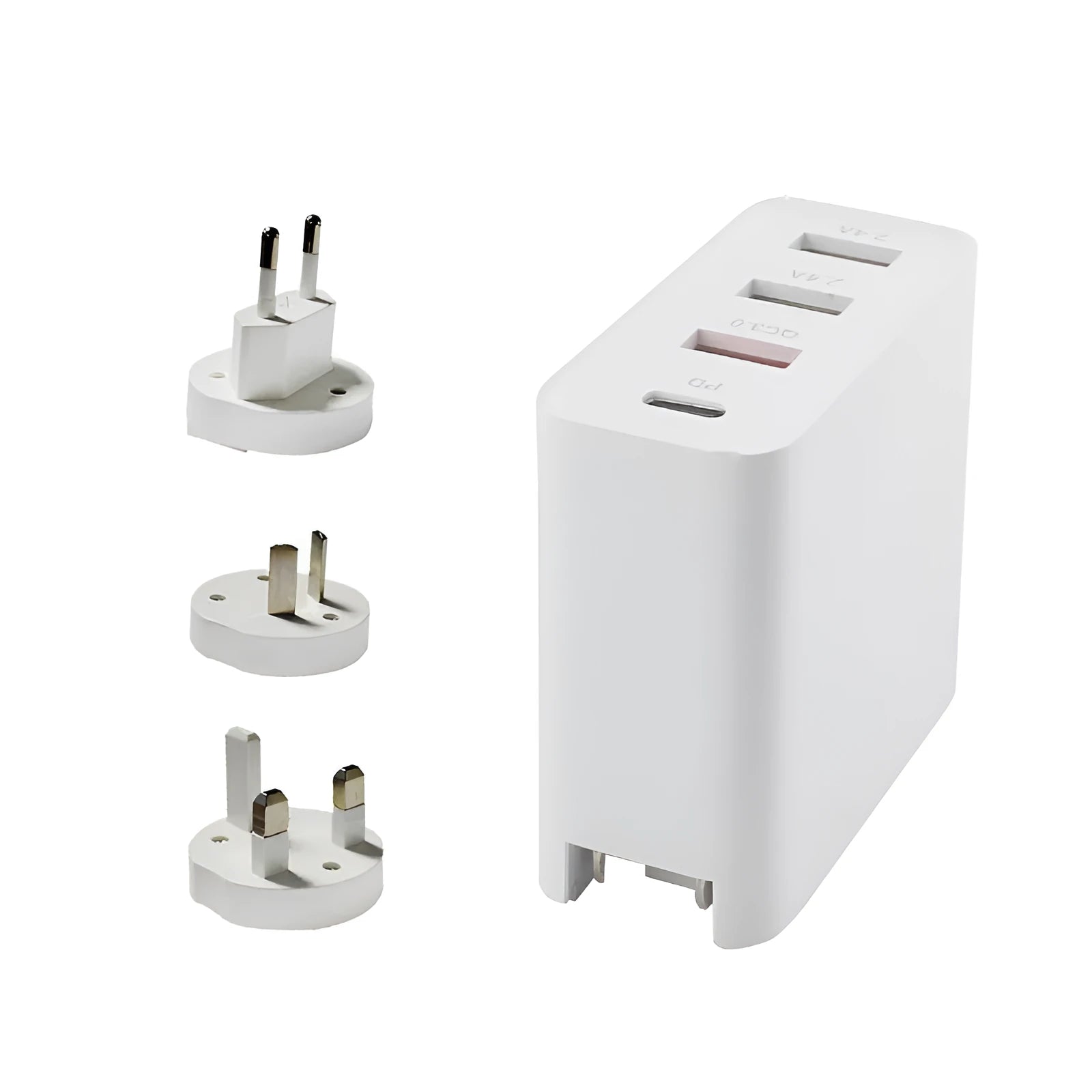 Black 48W USB-C wall charger with four ports and a UK plug on a white background.