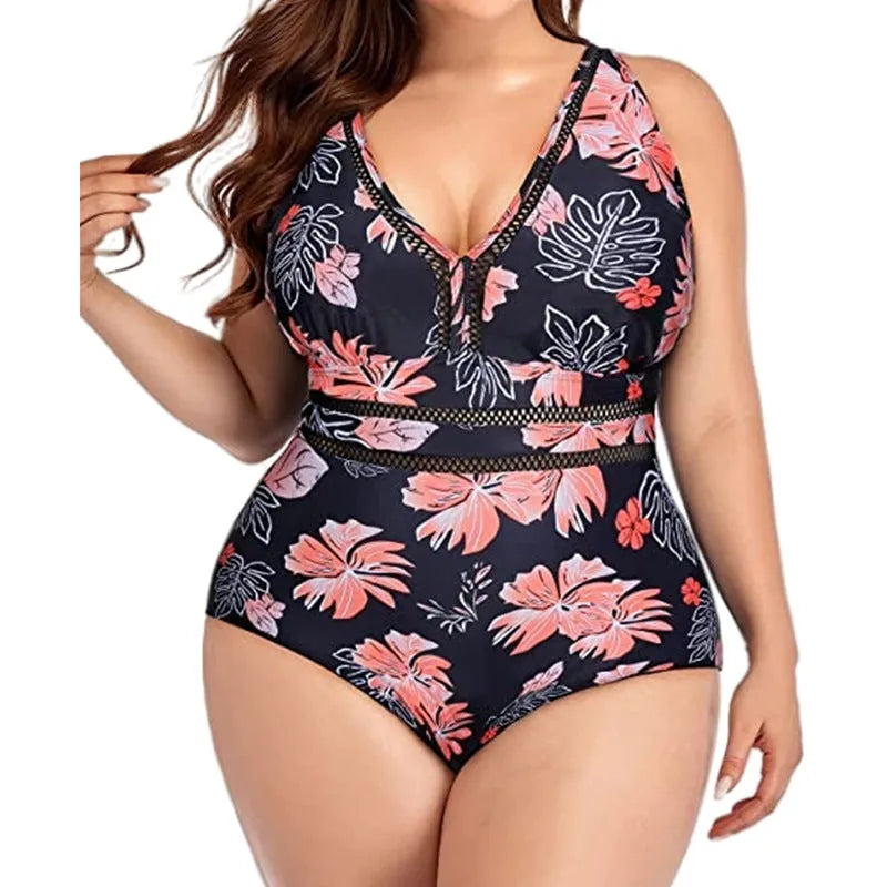 Women's black polyester mesh bikini with printing details in plus sizes S to 5XL