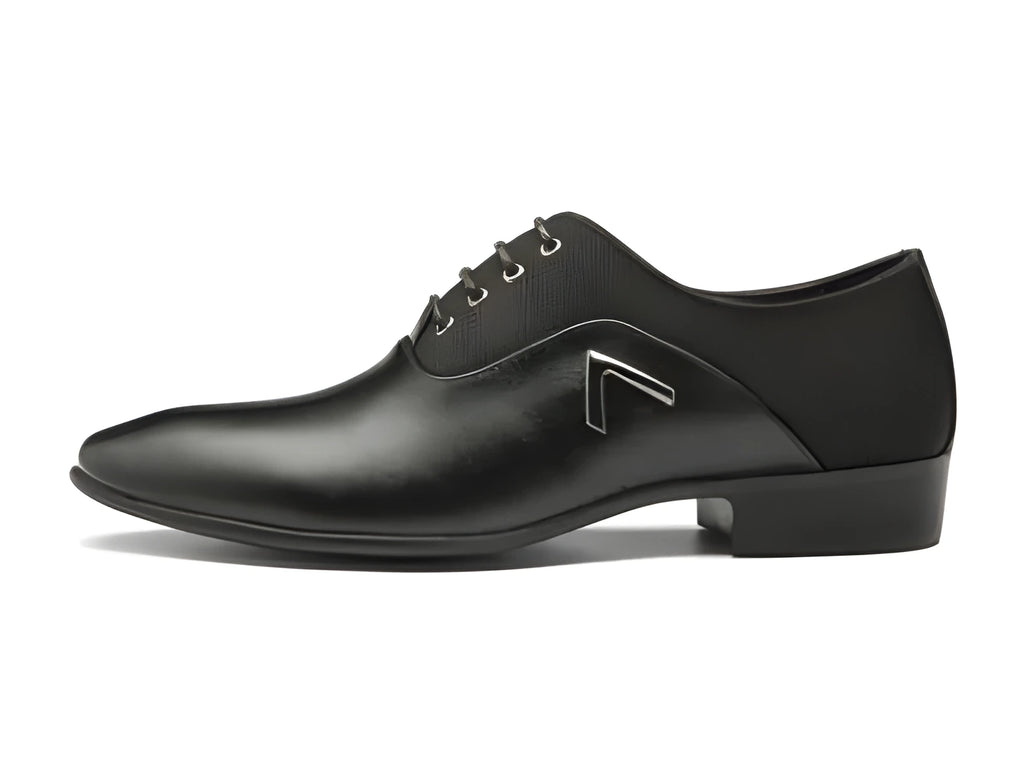 Men's Oxford shoes in black, brown, and yellow colours showing artificial PU upper and rubber sole
