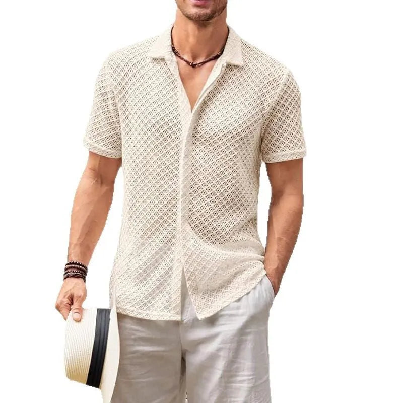 Men's short sleeve mesh shirt with lapel collar in solid colour