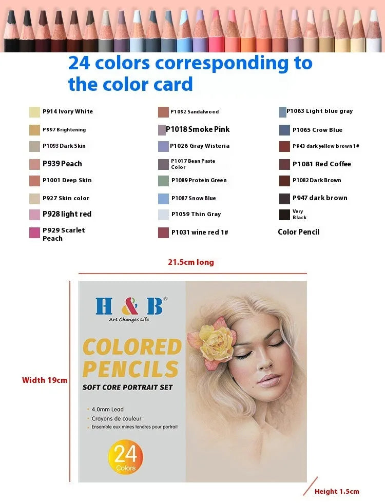 24 skin colour portrait pencils in metal tin with round brush pot for hand-painted artwork