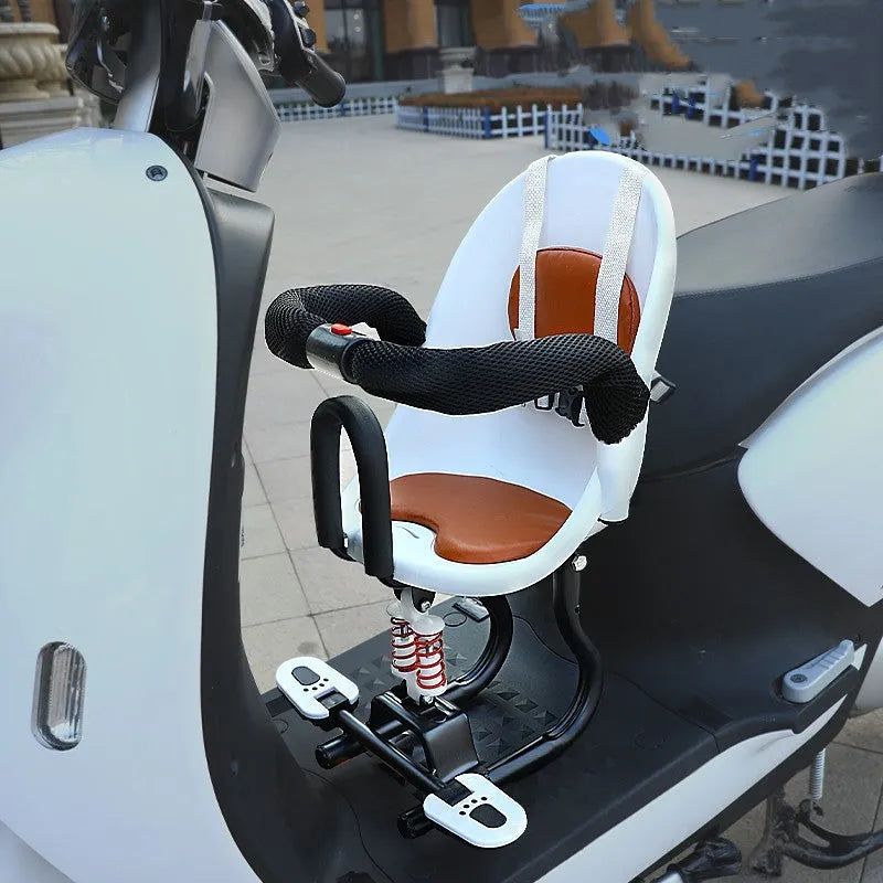 Front-mounted child safety seat for battery scooter in black, showing high carbon steel frame.