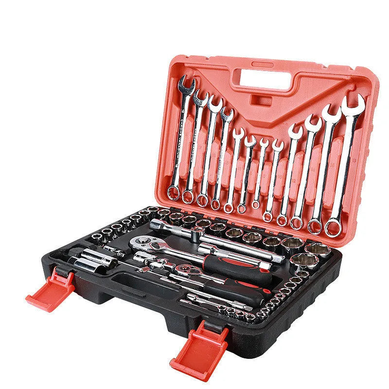 61-piece auto repair socket set with chrome vanadium steel tools including ratchets, combination wrenches, and metric sockets