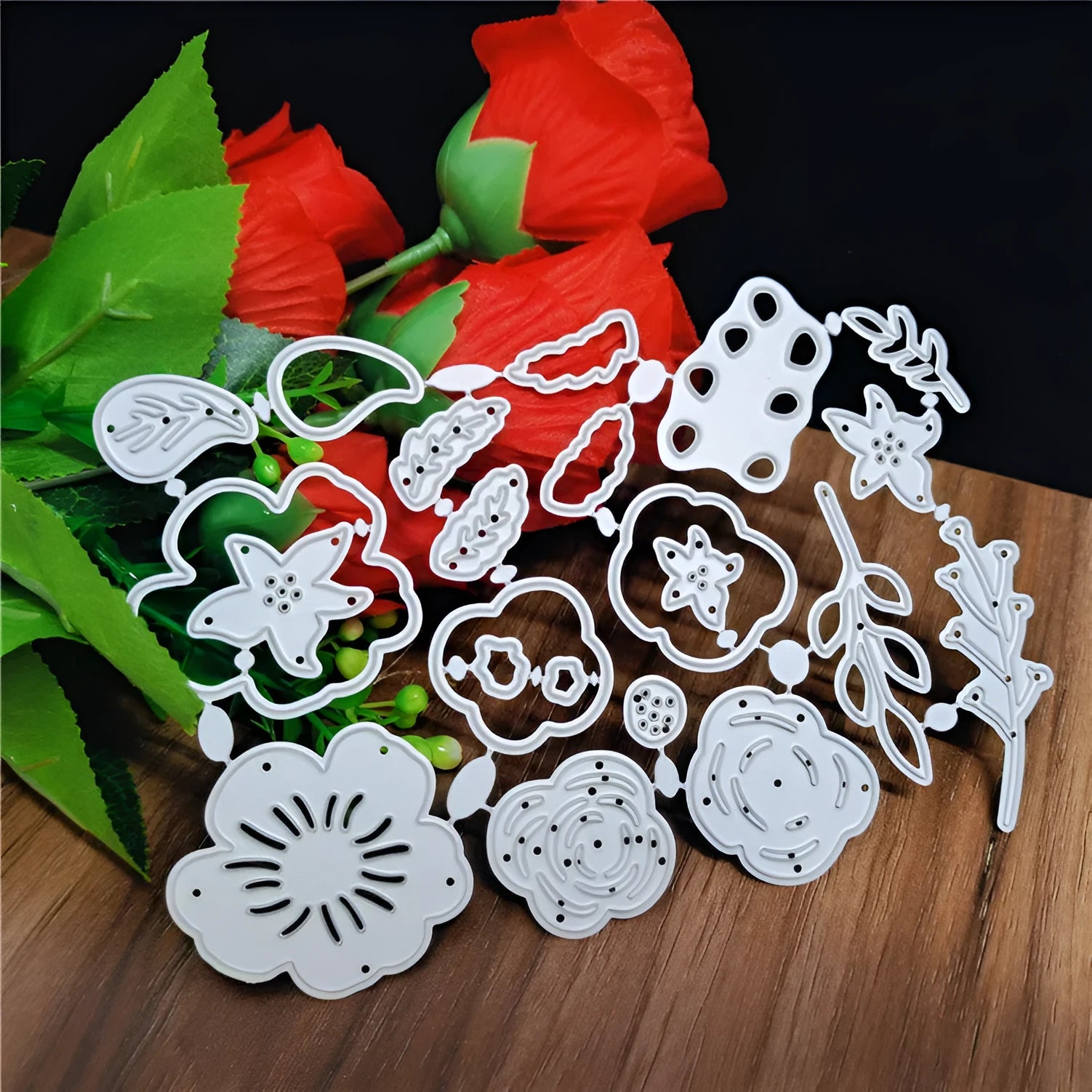 Silver carbon steel flower die for paper cutting, 14.3 x 9.9 cm etched floral design